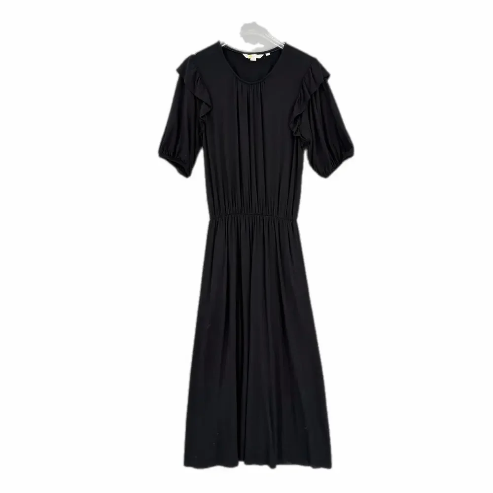 Boden 6 Black Ruffle Jersey Midi Basic Casual Minimalist Boho Office Work Dress